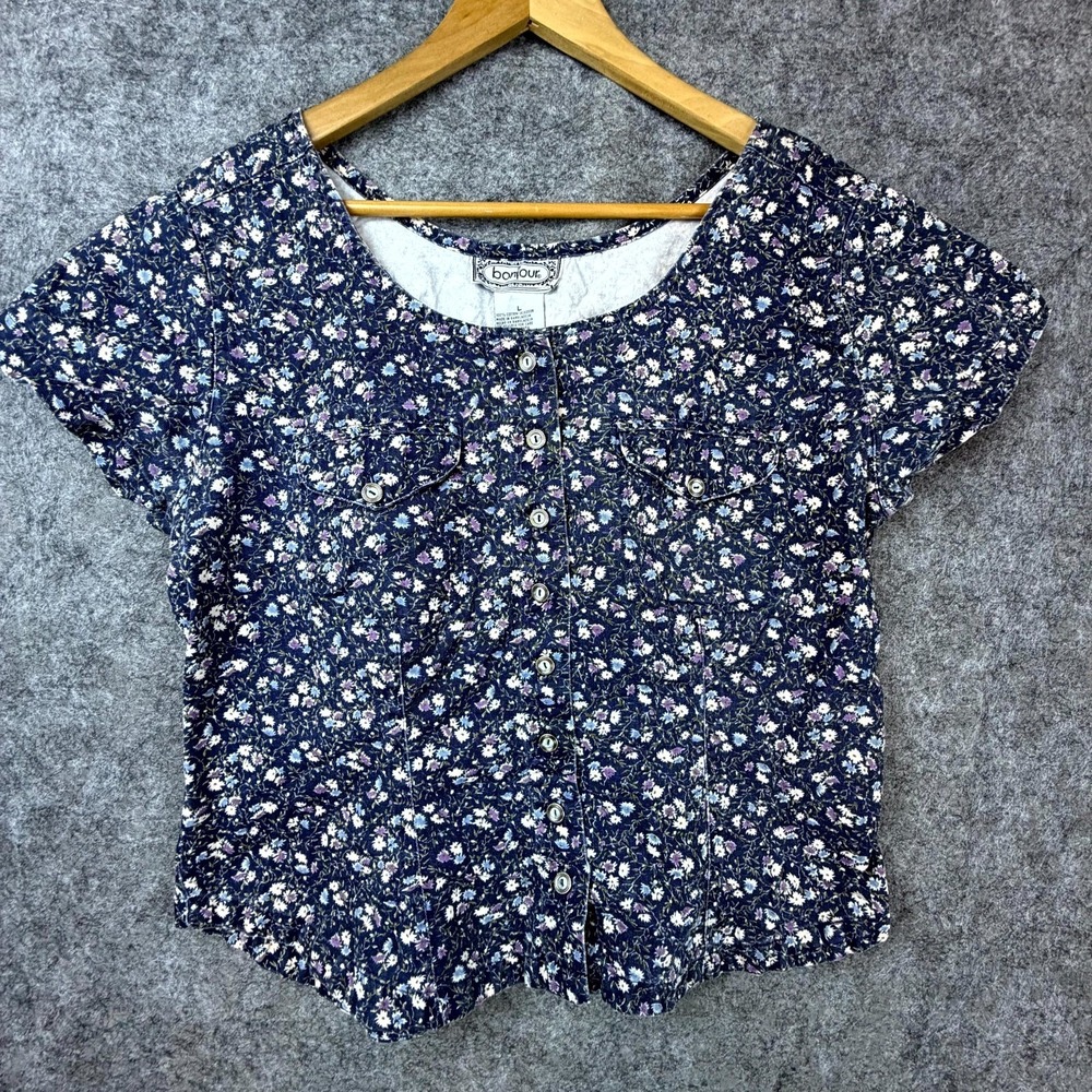 Vintage‎ Bonjour Blouse Top Women Large Blue Floral Peasant Cottagecore Girly